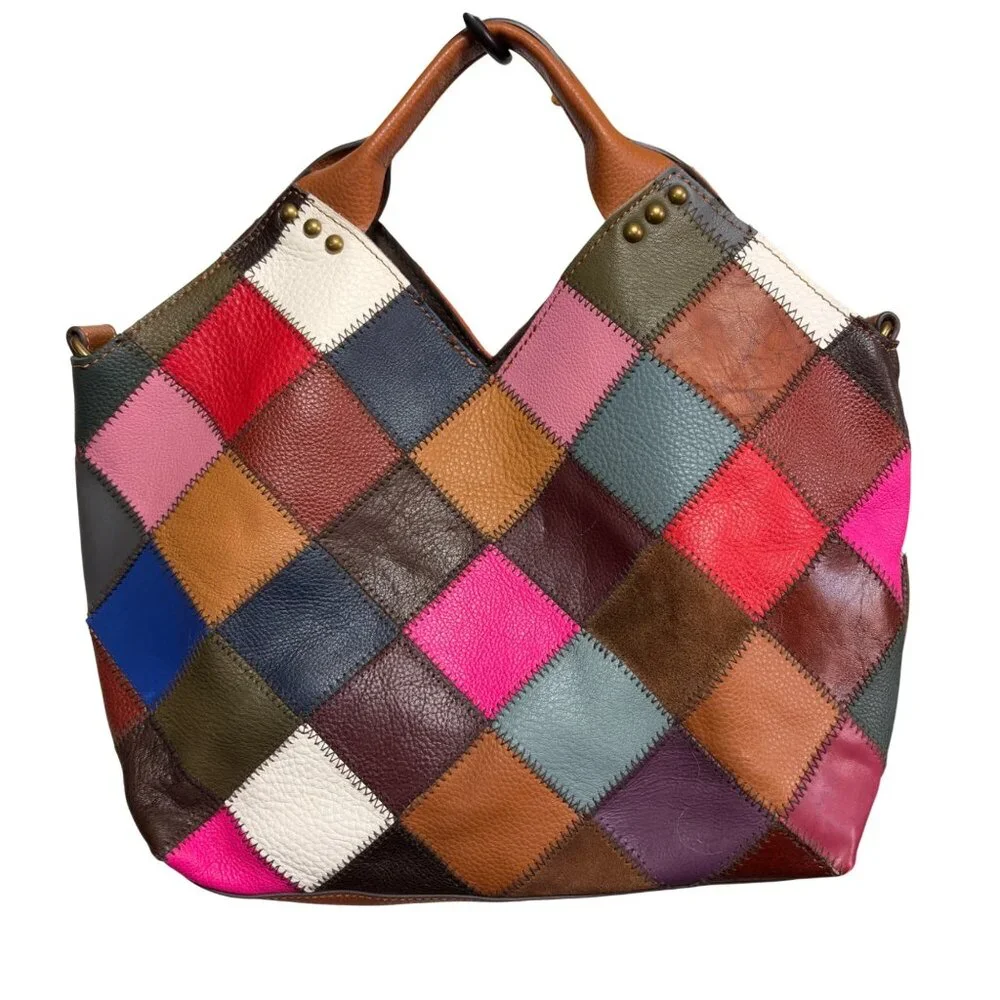 Booba Patchwork Leather Tote Bag Multicolor Squares Brown Handles Dopamine Boho - Picture 3 of 16